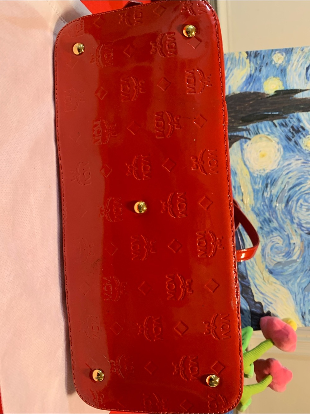 MCM Red Patent Leather Dome Tote with Gold Plaque Accent - Picture 3 of 12